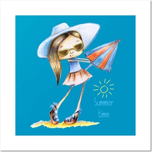 Cute girl in sunglasses with umbrella Posters and Art